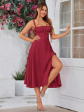 cami ruched bust split thigh dress#color_red