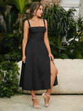 cami ruched bust split thigh dress#color_black
