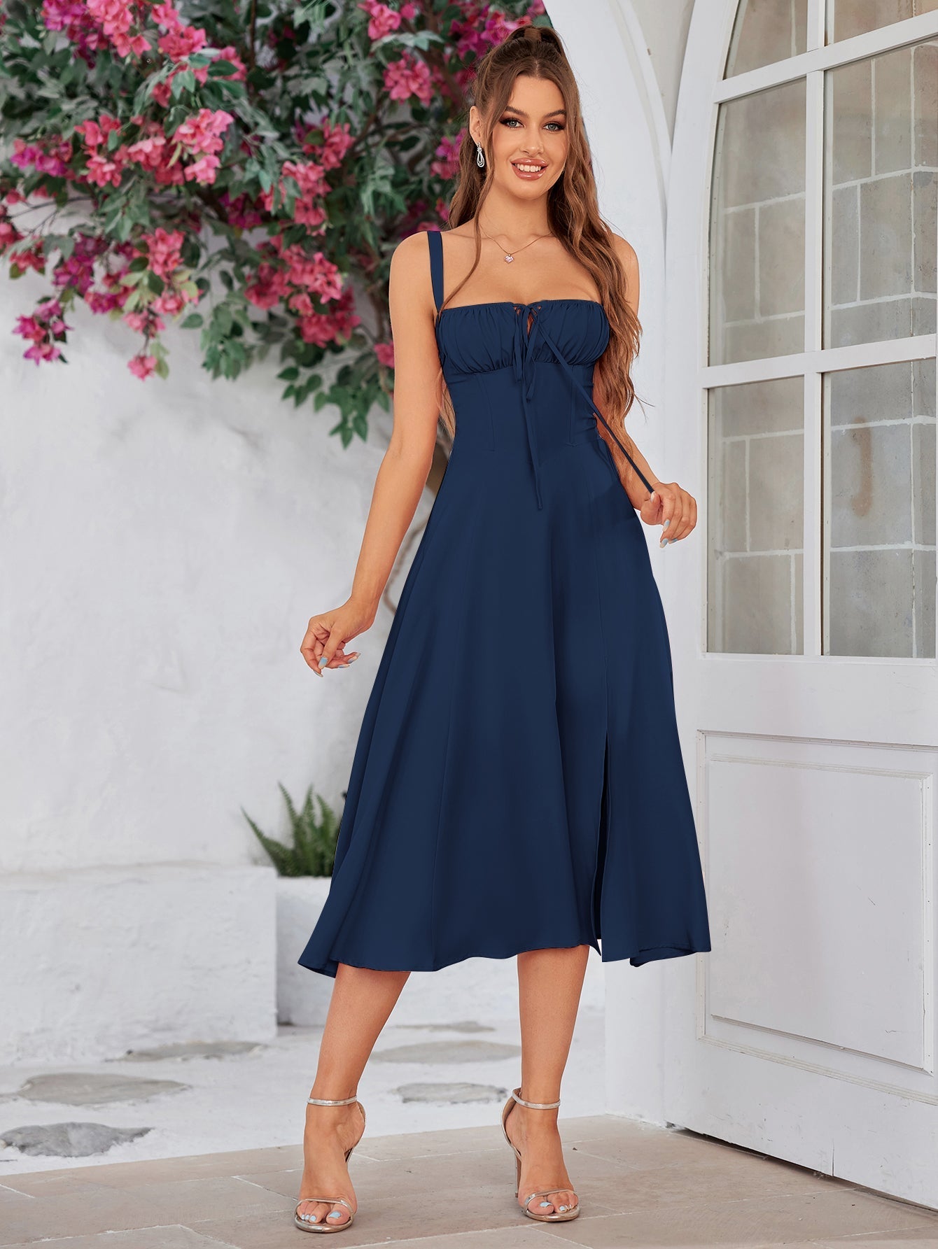 Midi dress with ruched bust and split thigh - View 45 | WEUXS