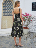 split thigh ruched bust floral cami dress#color_black