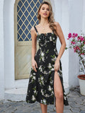 ruched bust split thigh floral cami dreess#color_black