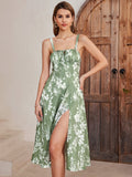 ruched bust floral split thigh cami dress#color_green