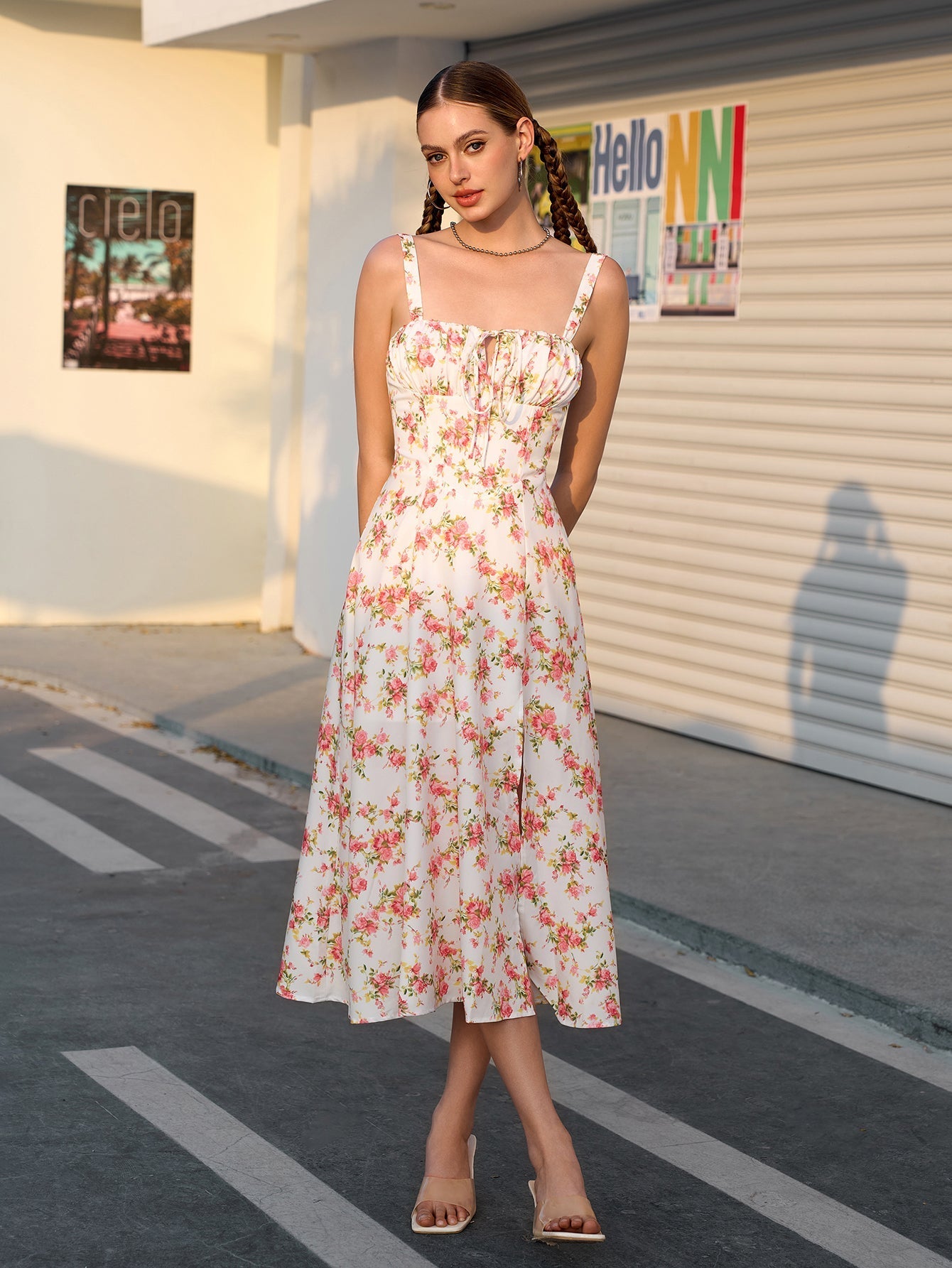 ruched bust floral split thigh cami dress#color_rose