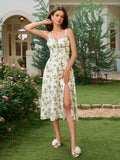 floral ruched bust split thigh cami dress#color_gr