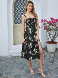 floral ruched bust split thigh cami dress#color_black