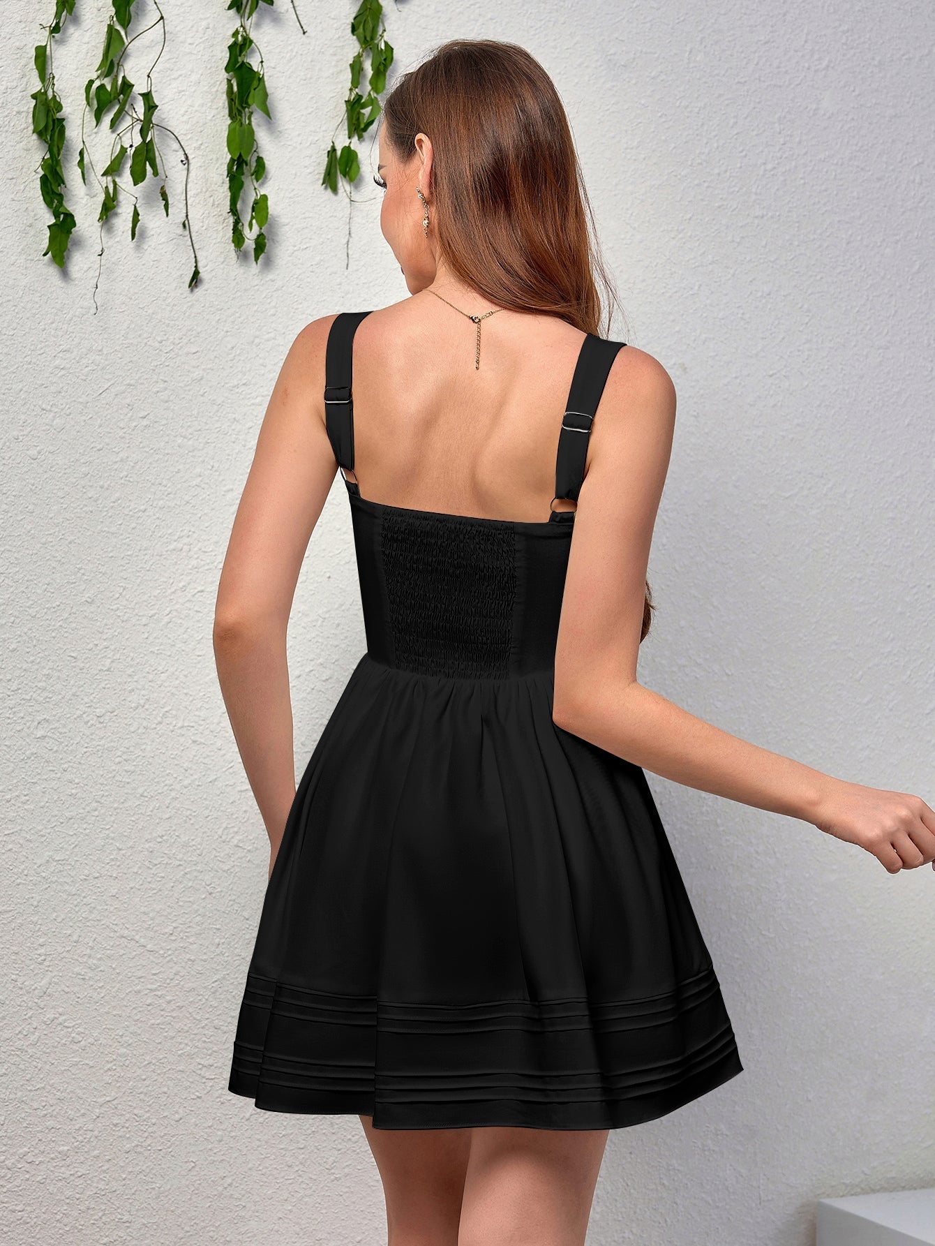 tie front ruched bust pleated hem cami dress#color_black