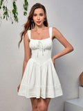 pleated hem tie front ruched bust cami dress#color_white