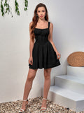 tie front pleated hem ruched bust cami dress#color_black