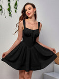 ruched bust tie front pleated hem cami dress#color_black
