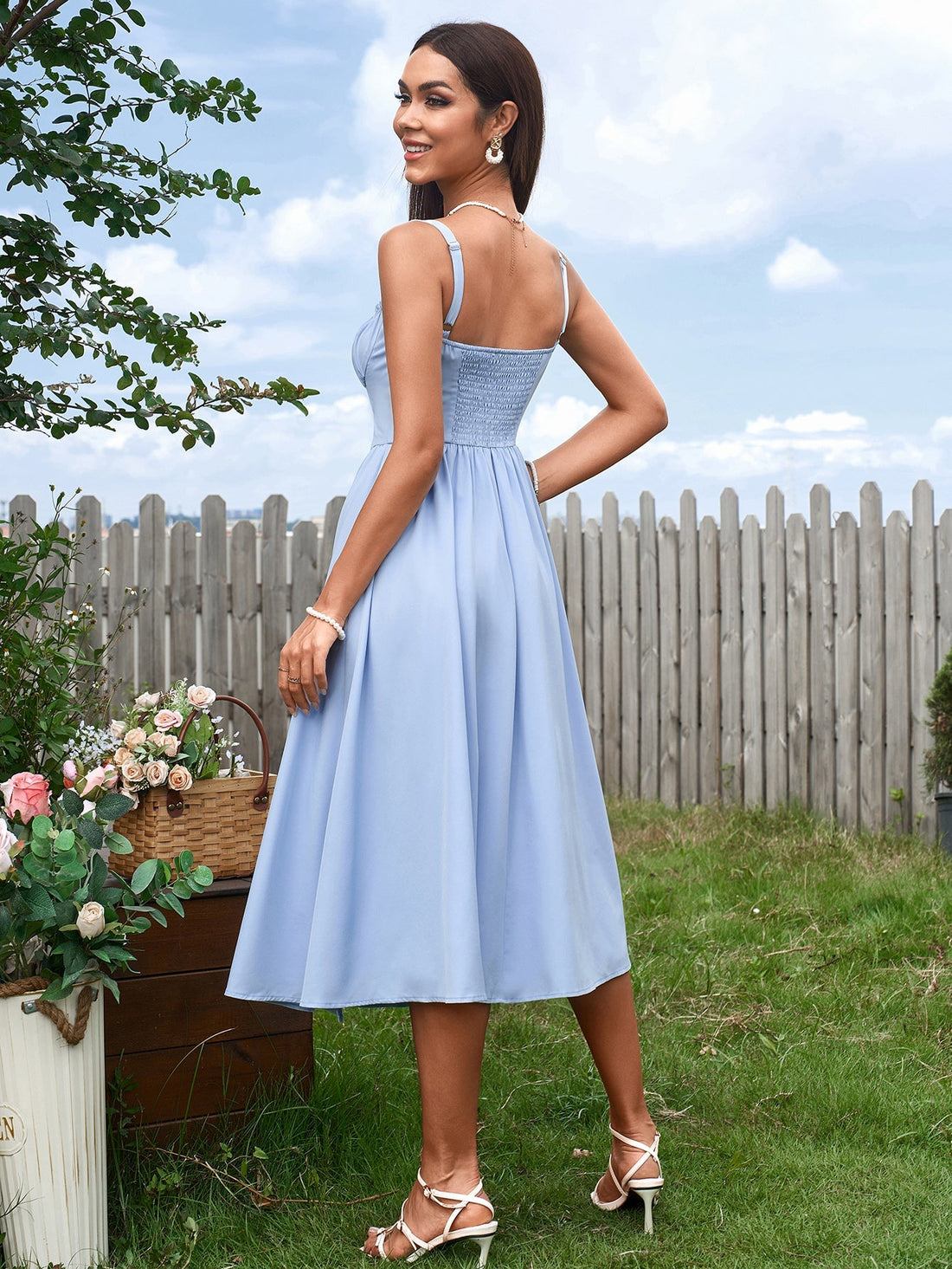 ruched bust tie front split thigh ruched cami dress#color_blue