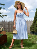 ruched bust split thigh tie front ruched cami dress#color_blue
