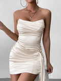 Ivory satin tube dress with ruched bodice and asymmetrical hem - View 6 | WEUXS