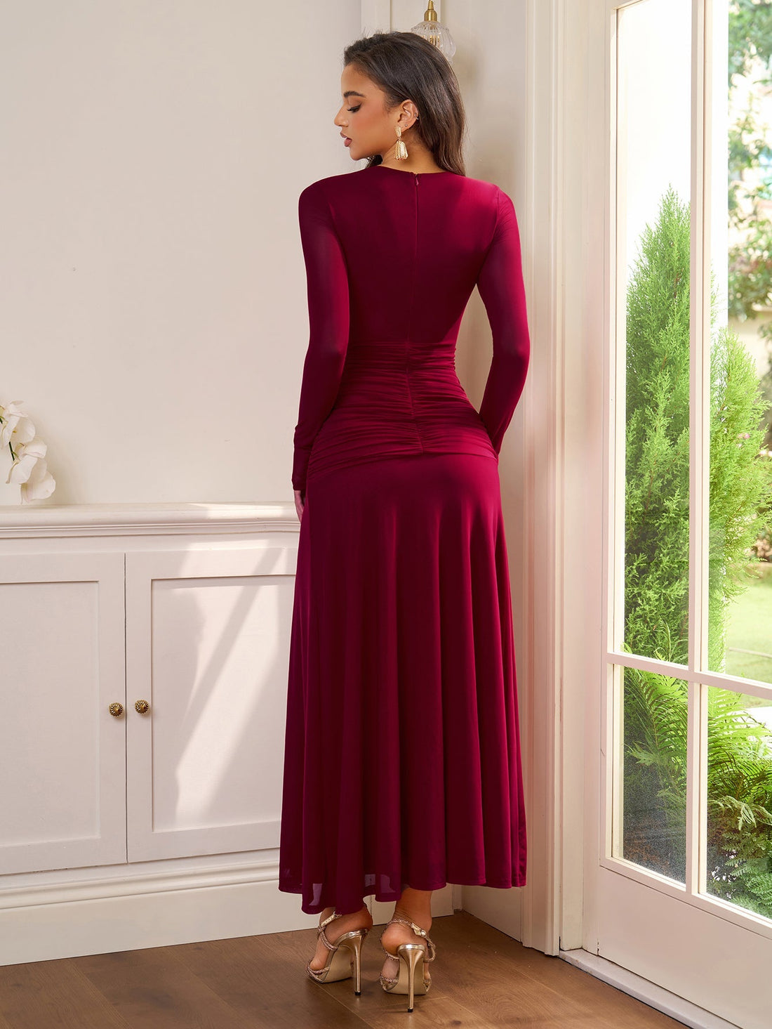 Ruched Crisscross Waist Split Thigh Mesh Dress#color_wine