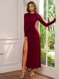 Midi Mesh Dress with Ruched Waist and Split - View 6 | WEUXS
