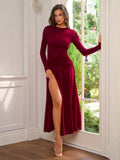 Ruched Crisscross Waist Split Thigh Mesh Dress#color_wine