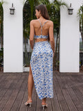 Two-piece halter neck crop top and slit skirt set - View 80 | WEUXS