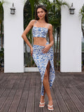 ruched crop cami top&twist front wrap skirt#color_bluefloral