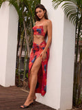 ruched cami crop top&twist front wrap skirt#color_redfloral