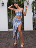 cami ruched crop top&twist front wrap skirt#color_bluefloral