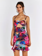 ruched cut out halter floral mini dress#color_print