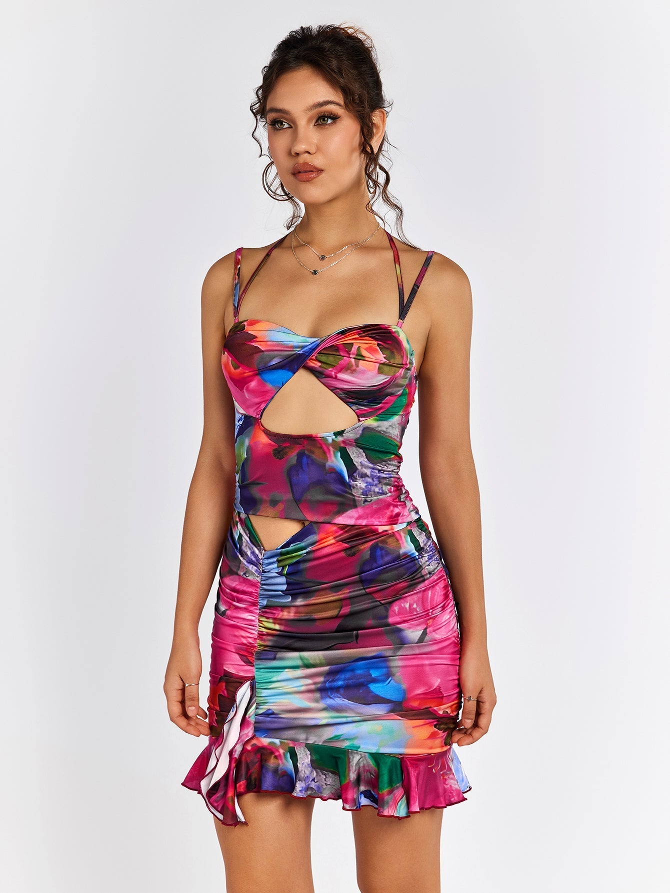 ruched cut out halter floral mini dress#color_print