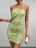 ruched floral print mesh tube dress#color_green
