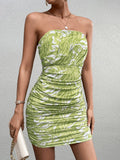 floral print ruched mesh tube dress#color_green
