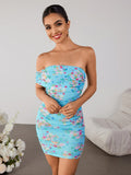 mesh floral print off shoulder ruched tube dress#color_blue
