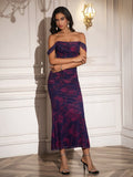 zipper back ruched off shoulder bodycon dress#color_purplefloral