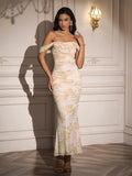 ruched zipper back off shoulder bodycon dress#color_yellowfloral