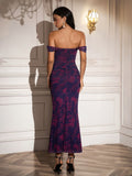 ruched off shoulder zipper back bodycon dress#color_purplefloral