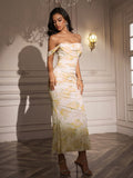 zipper back ruched off shoulder bodycon dress#color_yellowfloral