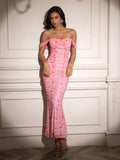 ruched zipper back off shoulder bodycon dress#color_pinkfloral