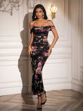 ruched zipper back off shoulder bodycon dress#color_rosefloral