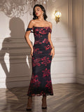 ruched zipper back off shoulder bodycon dress#color_redfloral