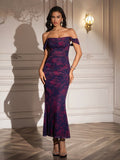 off shoulder ruched zipper back bodycon dress#color_purplefloral
