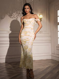 off shoulder ruched zipper back bodycon dress#color_yellowfloral