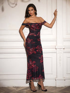 off shoulder zipper back ruched bodycon dress#color_redfloral