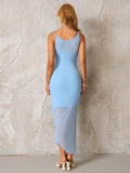 Back view of a woman in a light blue one-shoulder ruched chiffon dress.