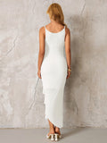 Ruched Asymmetrical Hem Ribbon Trim Mesh Dress#color_white