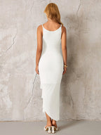 Ruched Asymmetrical Hem Ribbon Trim Mesh Dress#color_white