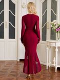 Ruched Asymmetrical Hem Ribbon Trim Mesh Dress#color_wine