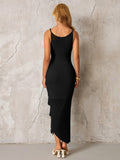 Ruched Asymmetrical Hem Ribbon Trim Mesh Dress#color_black