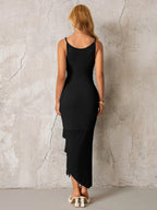 Ruched Asymmetrical Hem Ribbon Trim Mesh Dress#color_black