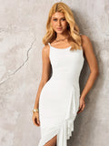 Asymmetrical Hem Ruched Ribbon Trim Mesh Dress#color_white