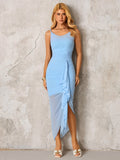 Asymmetrical Hem Ribbon Trim Ruched  Mesh Dress#color_blue