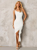 Asymmetrical Hem Ribbon Trim Ruched  Mesh Dress#color_white