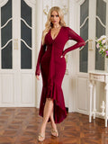 Asymmetrical Hem Ribbon Trim Ruched Mesh Dress#color_wine