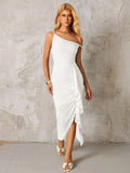 Ruched Ribbon Trim Asymmetrical Hem Mesh Dress#color_white