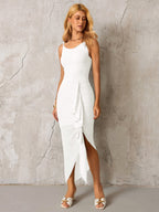 Ribbon Trim Asymmetrical Hem Ruched  Mesh Dress#color_white